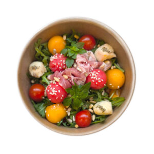 Salade de pastèque, melon, mozzarella et pancetta